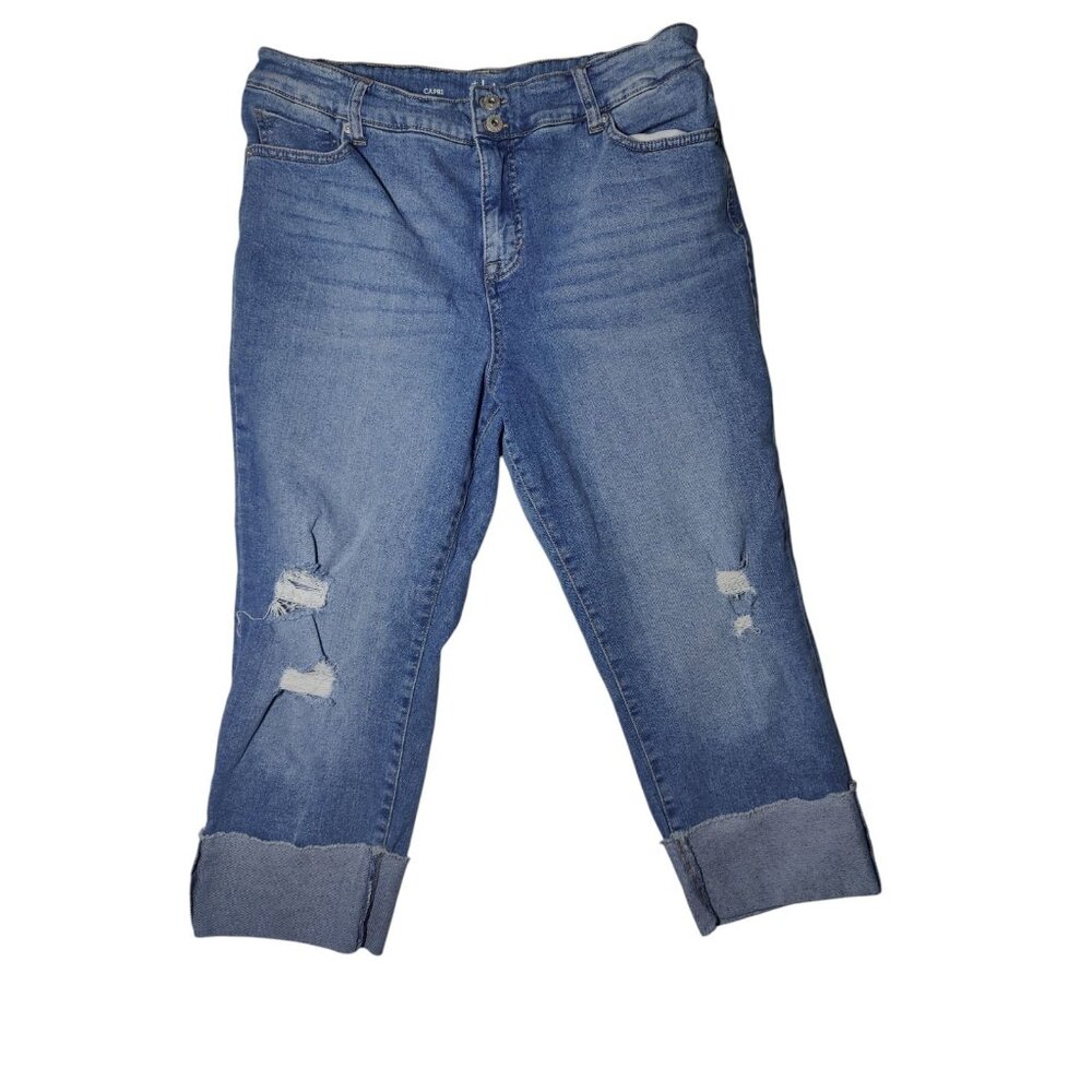 Style & Co Medium Wash Distressed Wide Cuff High Rise Capri Jeans 14 (33x21.5)